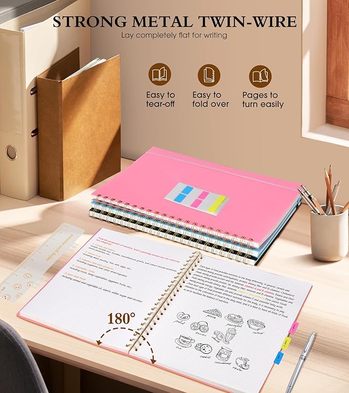 Dotted Notebook, Spiral Notebook Journal 8.5” x 11”, A4 Large Dot Grid Notebooks for Women Men, 100 GSM Dotted Paper, Plastic Hardcover Spiral Bullet Dotted Journals for Work School Sketching, Pink