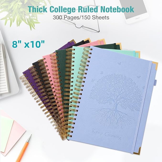 Spiral Notebook, College Ruled Notebook, 8" x 10", 300 Pages Leather Journals for Writing, B5 Hardcover Journaling Notebooks for Work School, 24pcs Tabs, Large Embossed Journal for Women Men, Green