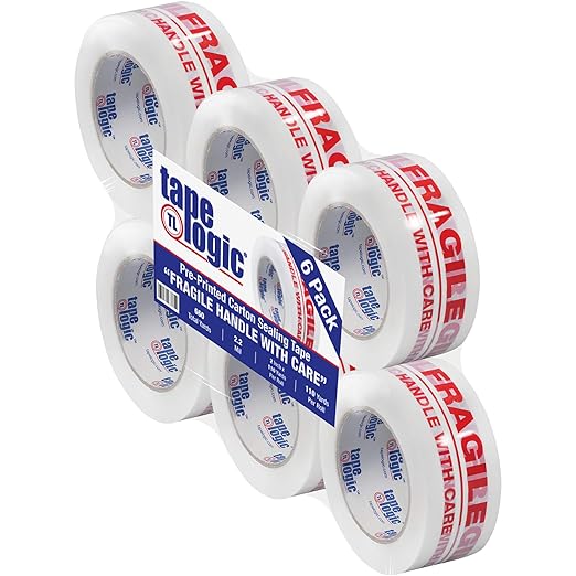 Aviditi Tape Logic 2 Inch x 110 Yard 2.2 Mil Red/White, Heavy Duty Packing Tape, "Fragile Handle with Care" 6 Pack, Perfect for Packing, Shipping, Moving, Home and Office