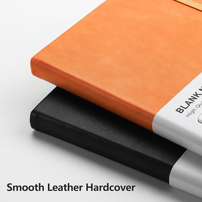 RETTACY Blank Journal Notebook, A5 Blank Journal with 192 Pages, 5.7'' × 8.3'' Medium Size, 68 LB/100 GSM Thick Paper, Leather Hardcover, for Sketching, Drawing, Painting (Orange)