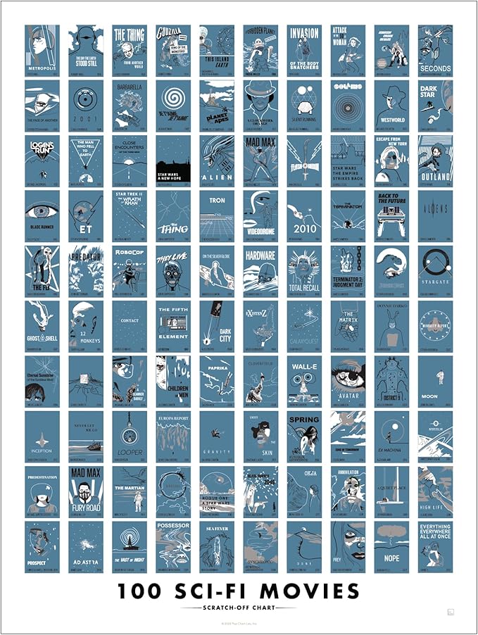 Pop Chart | 100 Sci-Fi Movies Scratch-Off Poster | 12" x 16" Art Print | Film Decor for the Science Fiction Fan | 100% Made in the USA