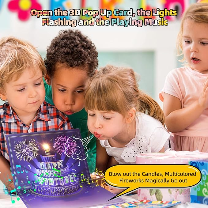 XTF2015 Happy Birthday Cards Fireworks, Lights, Music and Sound Fireworks Cake 3D Pop Up Birthday Cards Gift with Envelope and Note Tag for Women, Men, Kids, Wife, Mom, Husband