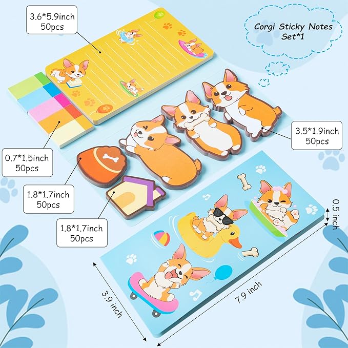 B1ykin Sticky Notes Set - Cartoon Theme Cute Self-Stick Notes Pad Teacher Appreciation Gifts, Self-Adhesive Writing Memo Pages Sticky to Do Notepad for Kids Employee School Office (Corgi)