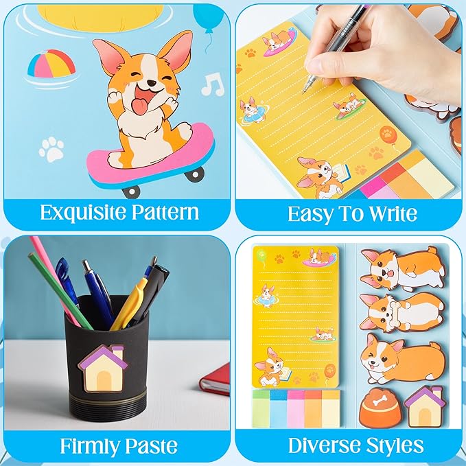 B1ykin Sticky Notes Set - Cartoon Theme Cute Self-Stick Notes Pad Teacher Appreciation Gifts, Self-Adhesive Writing Memo Pages Sticky to Do Notepad for Kids Employee School Office (Corgi)