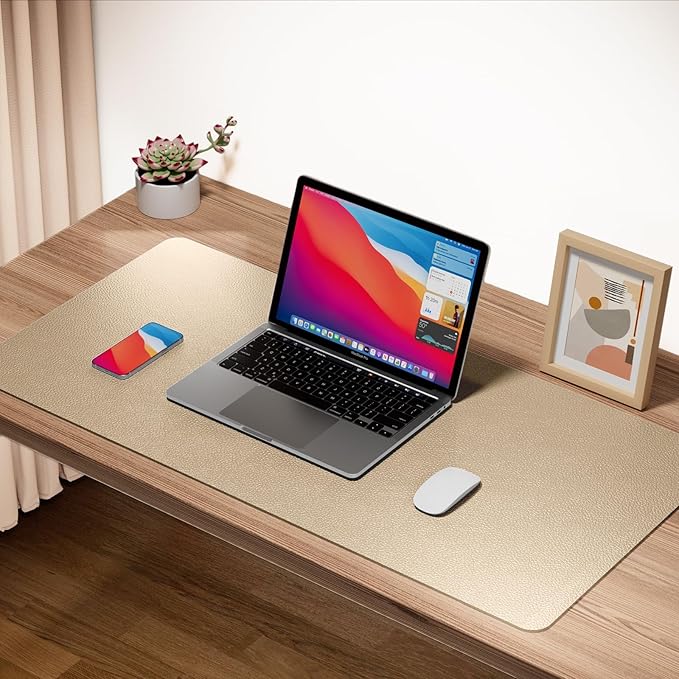 Boutilon Leather Desk Pad 24"x 14" Non-Slip Mouse Pad,Office Desk Mat,Waterprooft PU Leather Desk Blotter,Desk Pad Protector,Desk Writing Pad for Home Office Decor (S-Golden)