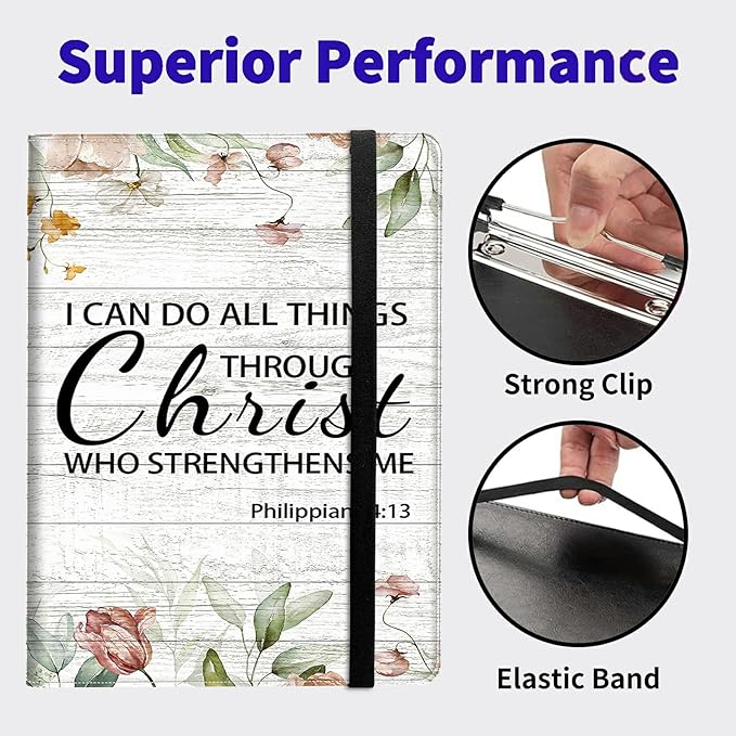 Bible Philippians 4:13 Padfolio Folder with Clipboard,Portfolios Organizer Clipboards with Storage Clipboard Writing Pad PU Leather Conference Document Organizer with Business Card Holder