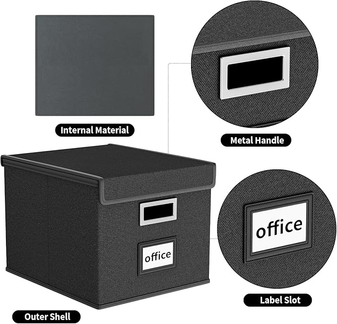 Upgraded File Organizer Boxes with Lids, Huolewa Collapsible Linen Hanging Filing & Storage Boxes with Plastic Slide for Office/Decor/Home, Filling System for File/Folders/Document Storage -2 Pack
