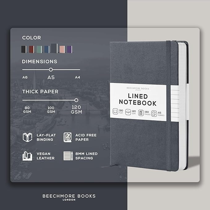 BEECHMORE BOOKS Lined Journal Notebook, 5.8 x 8.3 inch, A5 160 Lined Pages, Hardcover Leather Journals for Women, Men, Writing and Notebooks for Work - 120 GSM Thick Paper, Gifts Box Included