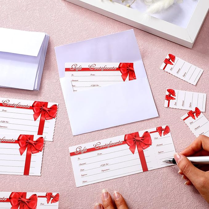 Sinmoe 50 Sets Gift Certificate for Business with 50 Pcs Envelopes Blank Gift Certificate Cards with Name and Address Rustic for Beauty Salon Restaurants Birthday(4.72 x 2.36 Inch, Ribbon Style)