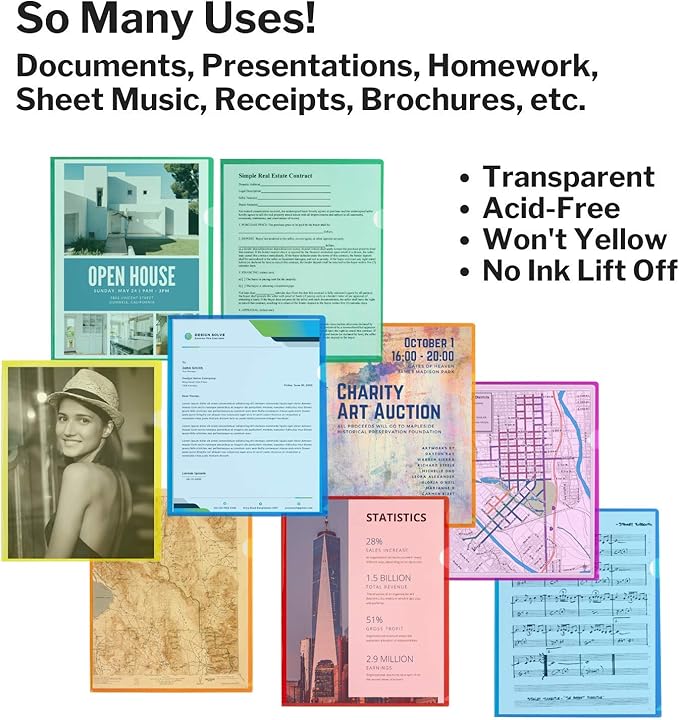 Dunwell Clear Plastic Folder Sleeves (12 Pack, Assorted Colors), Transparent Project Folders, Acid-Free Poly Sleeves, File Jackets for Letter Size Paper, Plastic L-Sleeves for 8.5x11 Documents