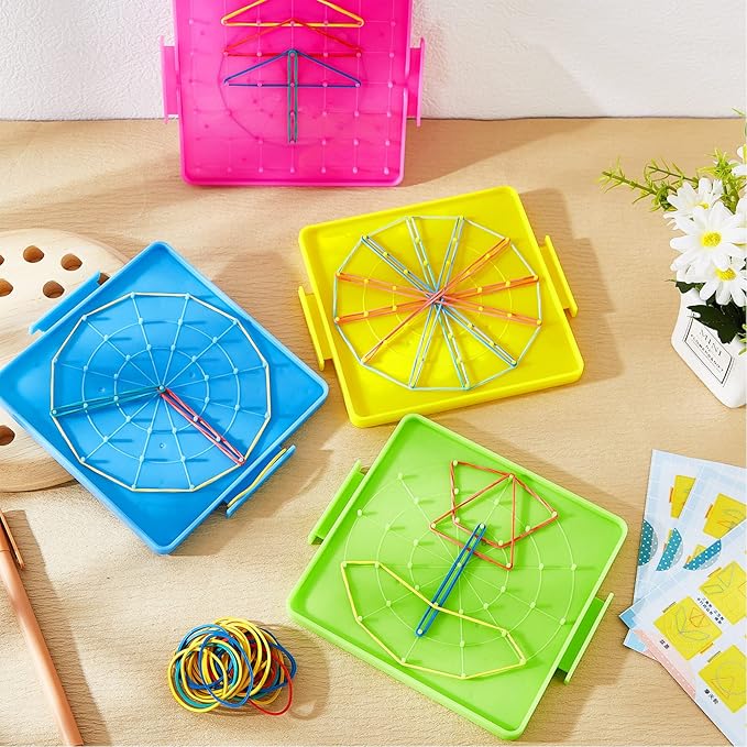 24 Pcs Double Sided Geoboard Mathematical Geoboards with Rubber Bands Math Manipulatives Toy for Geometry, 6.9 x 6.3 Inches
