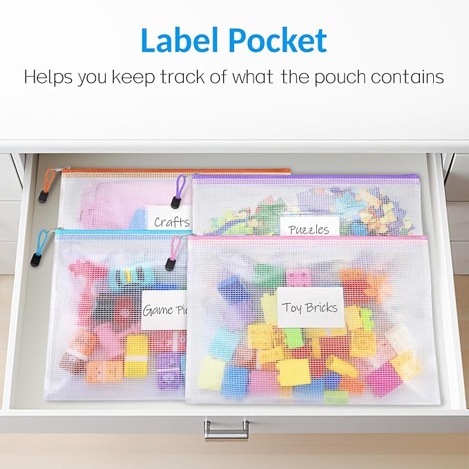 Sooez 32 Pack Mesh Zipper Pouch Bags, A4 Letter Size, Zipper Bags with Label Pocket, Waterproof Zipper Pouches for Classroom Organization, Board Game Storage, Document Bag for Office School Supplies