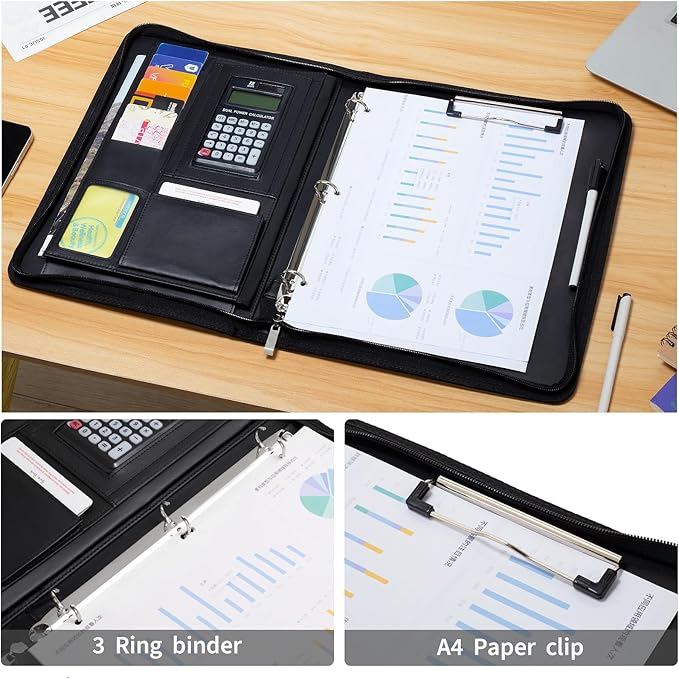 Portfolio Binder - 3 Ring Padfolio with Zipper, PU Business Portfolio Card Holder Tablet Sleeve A4 Writing Pad Clipboard, Meeting Document Organizer for Men Women 2 Pcs (No Calculator)