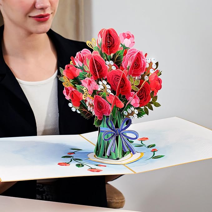 Paper Love 3D HugePop Red Roses Pop Up Card, with Detachable Paper Flower Bouquet, Gift For Birthday, Anniversary, All Occasion - Jumbo 10" x 14" Cards - Includes Envelope and Note