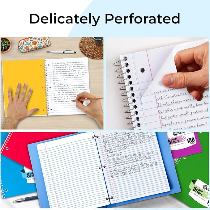36 Pack Spiral Notebook, 5 Subject, Wide Ruled, 300 Pages/Book (150 Sheets), 8 x 10-1/2", Bulk School & Office Spiral Notebooks, Sturdy Spiral Journal Notebook, Soft Cover, Assorted Colors