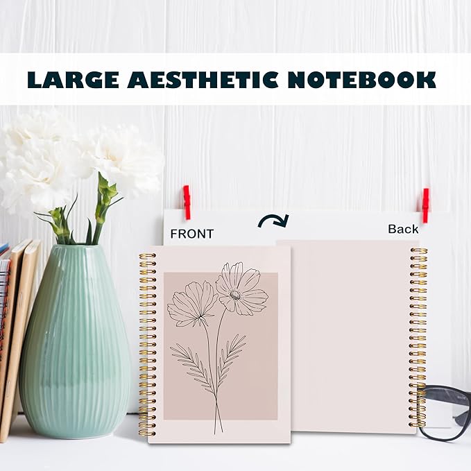 BearCake Pink Aesthetic Notebook Journal for Women, Minimalist Boho Floral Notebook, Pink Aesthetic Office Supplies, Pink Hardcover Spiral Journal Notebook 5.5x8.3