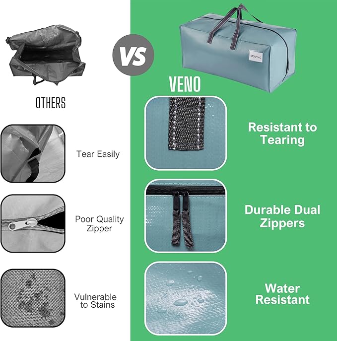 VENO 6 Pack Moving Bags w/Backpack Straps, Moving Boxes & Storage Bins Alternative, Packing Supplies, Camping Accessories Totes, Dorm Room Essentials Storage Bags (Shiny Light Blue, 6 Pack)