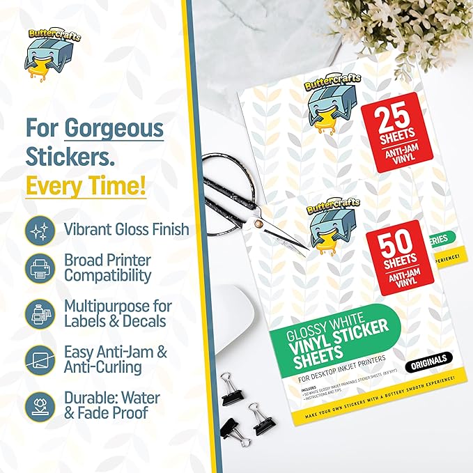 Printable Vinyl - Sticker Paper for Inkjet Printer for Epson (25 Sheets, 8.5" x 11", Anti Jam) - Glossy Printable Sticker Paper - Inkjet Printable Waterproof Sticker Paper - Make Labels and Decal