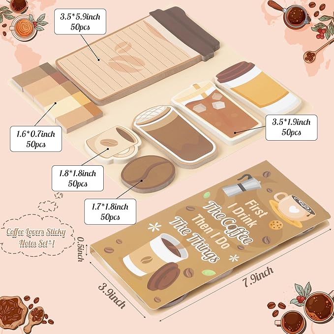 B1ykin Sticky Notes Set - Cartoon Theme Cute Self-Stick Notes Pad Teacher Appreciation Gifts, Self-Adhesive Writing Memo Pages Sticky to Do Notepad for Kids Employee School Office (Coffee Lovers)