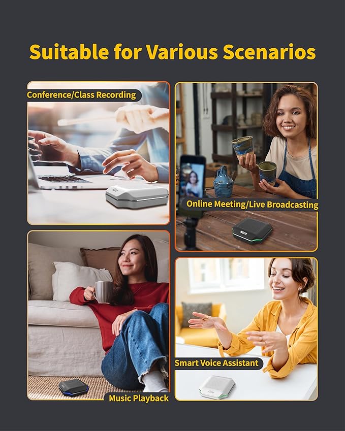 KURO CSP-102 Bluetooth AI Speakerphone Conference Speaker and Microphone with AI Noise Cancellation Long Coverage 360 Degree Voice Pickup Wireless Office Mic for Zoom Meeting Skype Teams White
