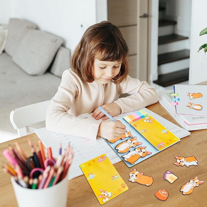 B1ykin Sticky Notes Set - Cartoon Theme Cute Self-Stick Notes Pad Teacher Appreciation Gifts, Self-Adhesive Writing Memo Pages Sticky to Do Notepad for Kids Employee School Office (Corgi)