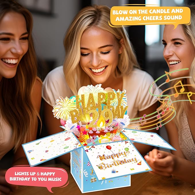 Tnvee 29TH Birthday Cards with Lights & Music & Candle, 3D Large Pop Up Happy Birthday Cards for Women Man Greeting Cards Decorations for 29 Years Old Mom Dad Wife Husband Friend