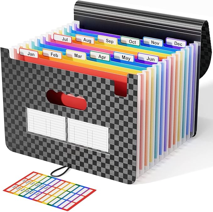 ABC life Accordian File Organizer 12 Pockets,Expanding File Folder/Portable A4 Letter Size Filling Box, Expandable Desktop Accordion Folder, Plastic Paper Document Coupon Organizer with Colored Labels