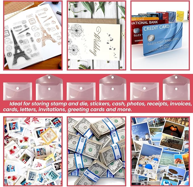 Vmiapxo 40 Pack Stamp and Die Storage Pockets, Reusable Small Plastic Envelopes Waterproof Sticker Organizer Receipt Holder Photo Storage Folders (3" x 5")