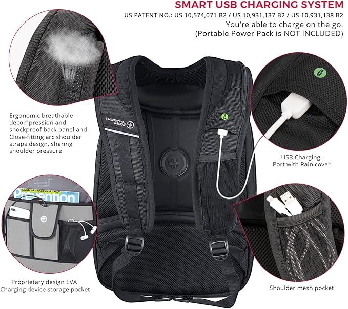 Swissdigital Design Large Travel Backpack For Men, TSA-Friendly Business Laptop Backpack, USB Charging Port,RFID Protection Tech Backpack Fits 15.6Inch Laptop (TERABYTE J16BTF-02) One Nation One World