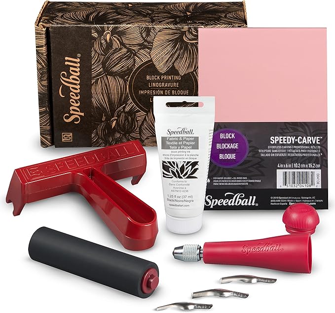 Speedball Block Printing Fabric Starter Kit, 7 Pieces – Includes Ink, Hard Brayer, Lino Handle and Cutters, Speedy-Carve Relief Carving Rubber