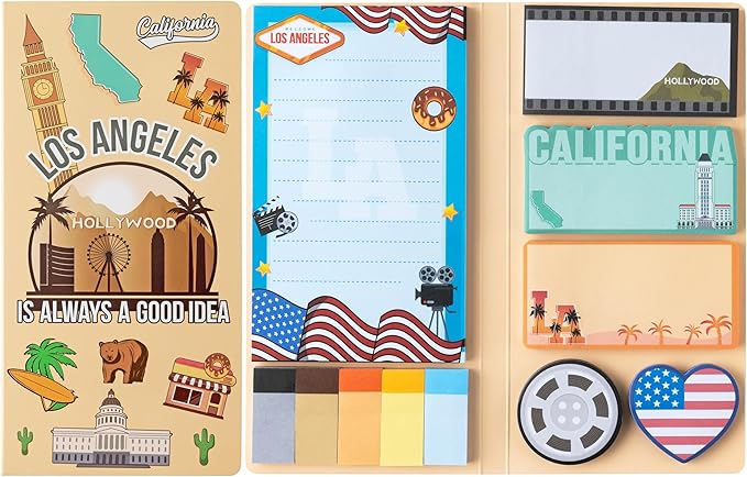 B1ykin Sticky Notes Set - Cartoon Theme Cute Self-Stick Notes Pad Teacher Appreciation Gifts, Self-Adhesive Writing Memo Pages Sticky to Do Notepad for Kids Employee School Office (Los Angeles City)