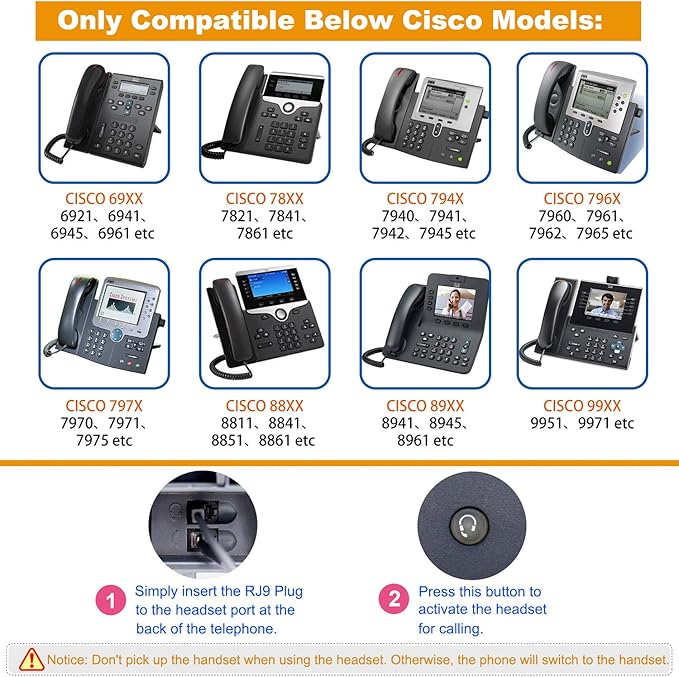 VoiceJoy Office Monaural Headset with Microphne RJ9 Plug for Cisco IP Phones 794X 796X 797X 69XX Series and 8811,8841,8851,8861,8941,8945,8961,9951,9971 etc
