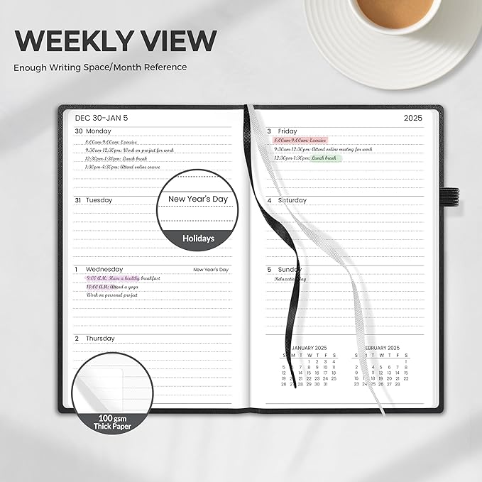 SUNEE 2025 Pocket Weekly Planner for Purse 3.5" x 6" - 12 Month (January 2025 - December 2025), Pocket Size Planner, Hardcover, Notes, Pocket, 100 GSM Paper, Black