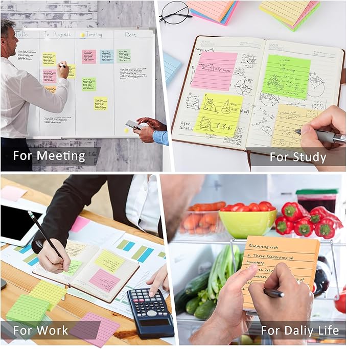 30 Pads Lined Sticky Notes, Sticky Note Pads 3x3 inches, 10 Bright Color Sticky Notes with Lines Self-Stick Note Pads, Perfect for Office Home School(100 Sheet/Pad)