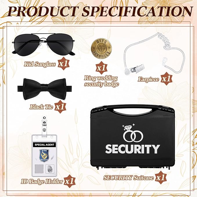 Aoriher Ring Security Wedding Set Include Ring Bearer Box Security Badge Sunglass Security Earpiece Bow Tie ID Badge Holder with ID Card Envelope Invitation Card for Proposal Gift(9 Pcs)