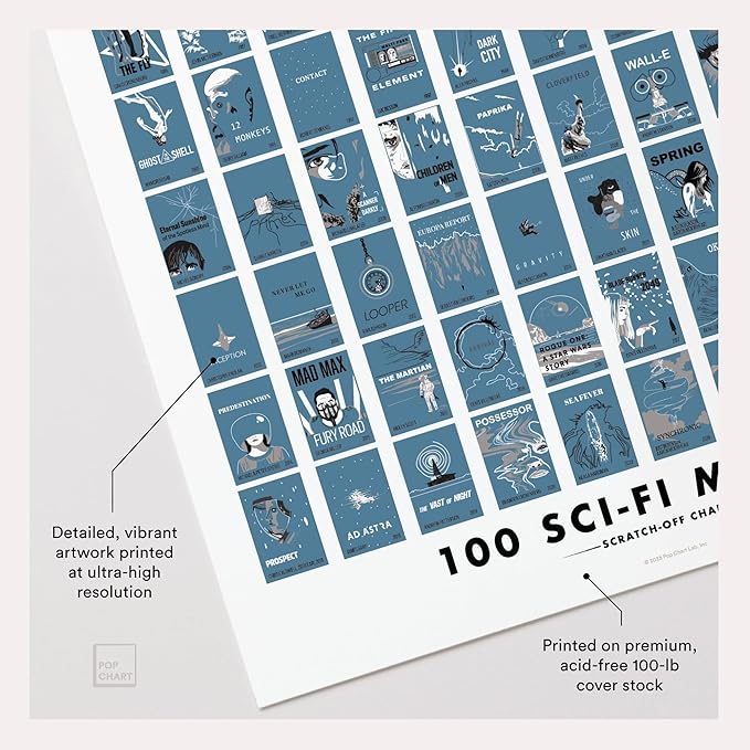 Pop Chart | 100 Sci-Fi Movies Scratch-Off Poster | 12" x 16" Art Print | Film Decor for the Science Fiction Fan | 100% Made in the USA