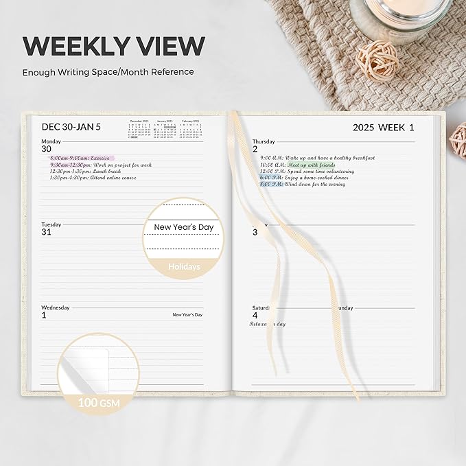 SUNEE 2025 Weekly & Monthly Hardcover Planner 5.5" x 8.3" - 12 Month (January 2025 - December 2025), Small Hardcover Planner, Pocket, Notes, 100 GSM Paper, Beige