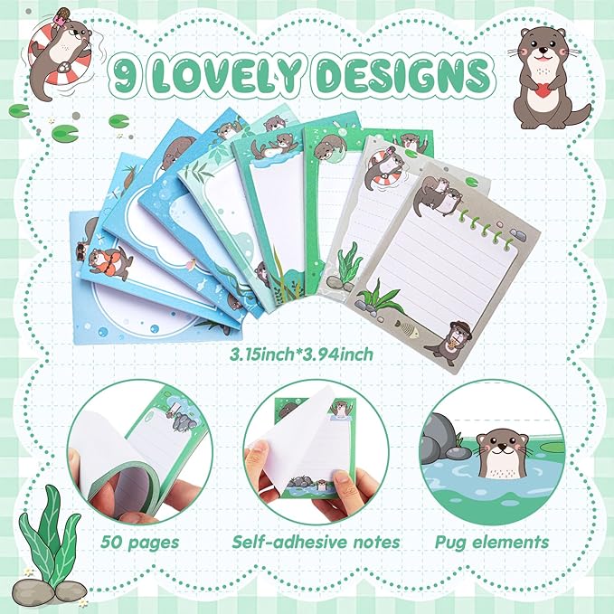 Sabary 9 Pads Sticky Notes 3.15 x 3.94 Inches Cute Self Sticky Note Pads Colored Adhesive Notepad for Memo Reminder Journal Studying Office Home Gift (Otter)