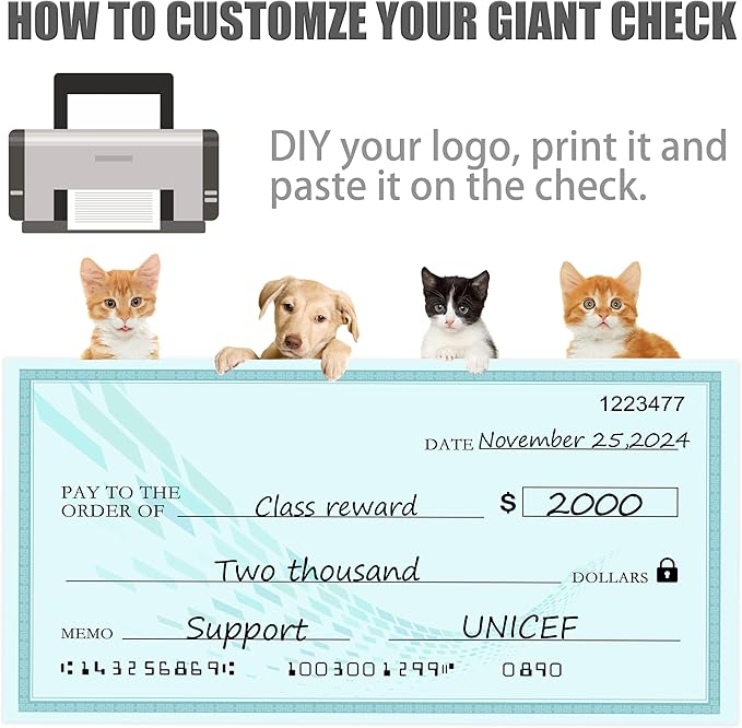 Reusable Large Check Big Check - 30" x 16" Giant Dry Erase Checks for Presentations, Novelty Oversized Blank Checks,Large Fake Checks for Donation, Awards,Fundraisers