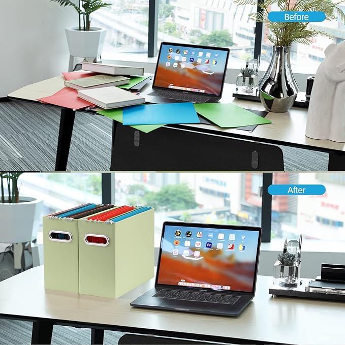 Oterri File Organizer, Small Storage Box, Cardboard File Folder Organizer, Collapsible File Box, Hanging File Organizer for Letter Size, Portable File Box with Handle, Only Box(Green,6 Packs)