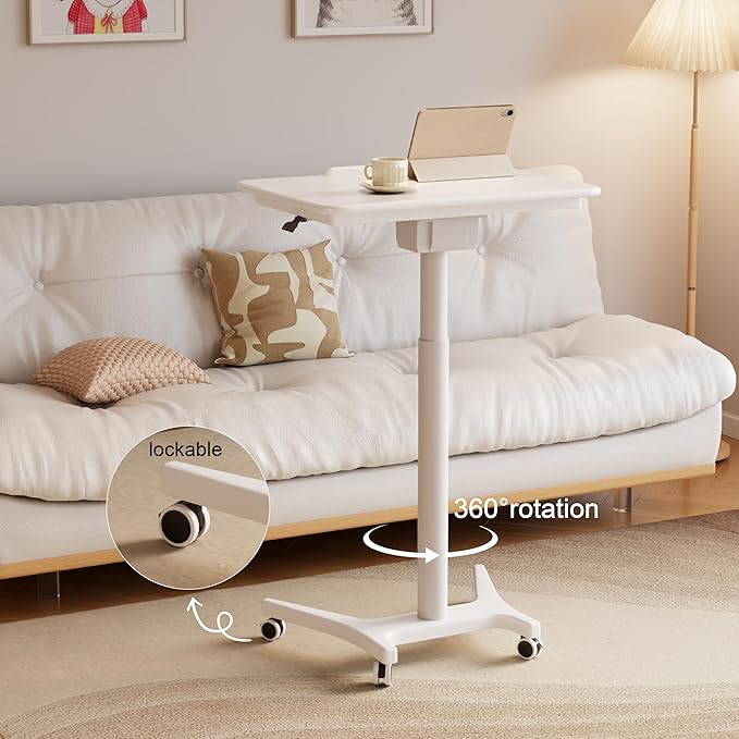 Rolling Standing Desk,Portable Standing Desk with Wheels Adjustable Height Desk Mobile Standing Desk for Home Office, Bedroom,Couch(White)