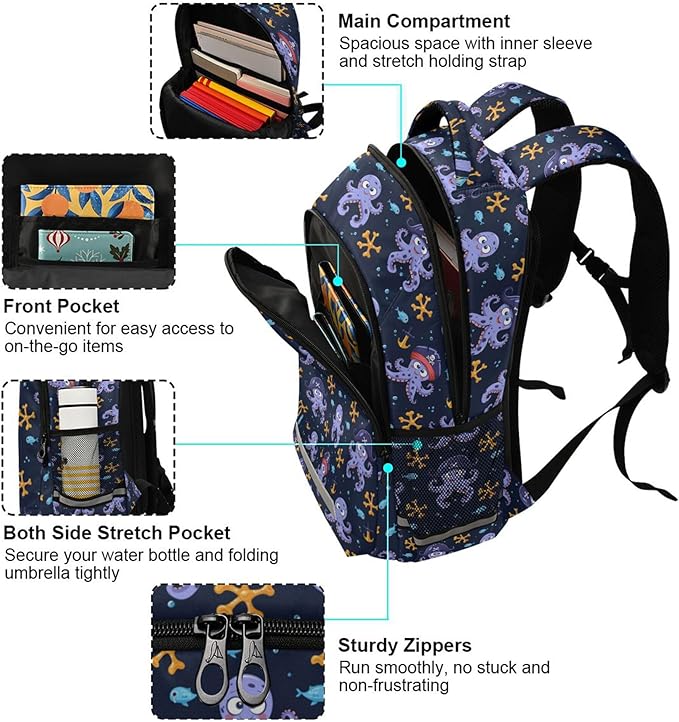 MNSRUU Laptop Backpack with Chest Strap, Octopus School Backpack, Travel Hiking Backpack for Boys Girls Teen Adult, Rucksack, Knapsack