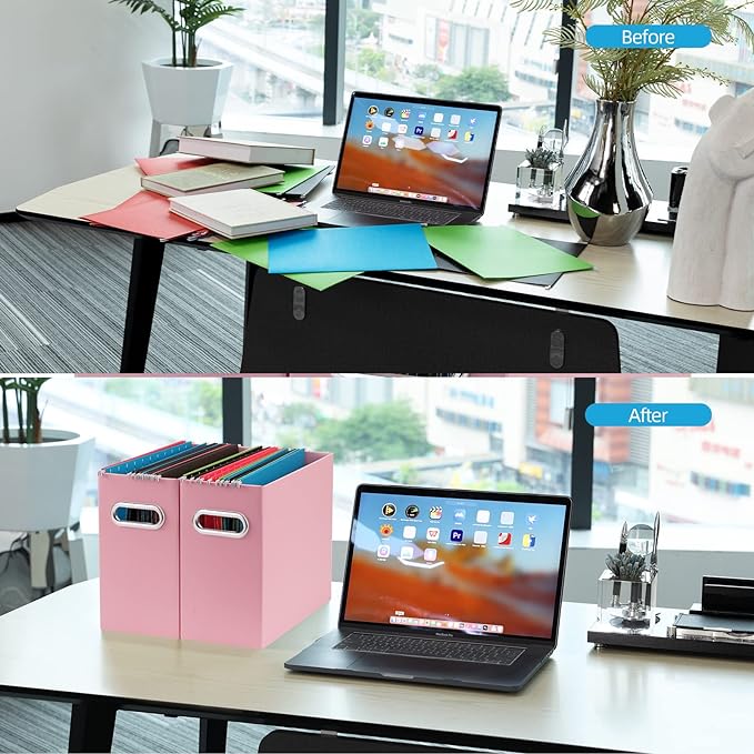 Oterri File Organizer, Small Storage Box, Cardboard File Folder Organizer, Collapsible File Box, Hanging File Organizer for Letter Size, Portable File Box with Handle, Only Box(Pink,2 Packs)
