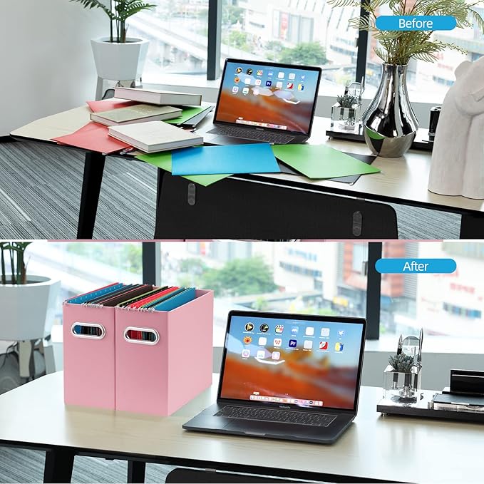 Oterri File Organizer, 4 Packs Small Storage Box, Cardboard File Folder Organizer, Collapsible File Box, Hanging File Organizer for Letter Size, Portable File Box with Handle, Only Box(Pink)