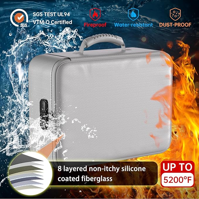 DocSafe 5200°F Document Organizer with Lock,Upgraded Heat Insulated Fireproof&Waterproof Box 8 Layers File Organizer,Portable Home Travel Safe Storage for Important Documents, Files,Silver (Soft)