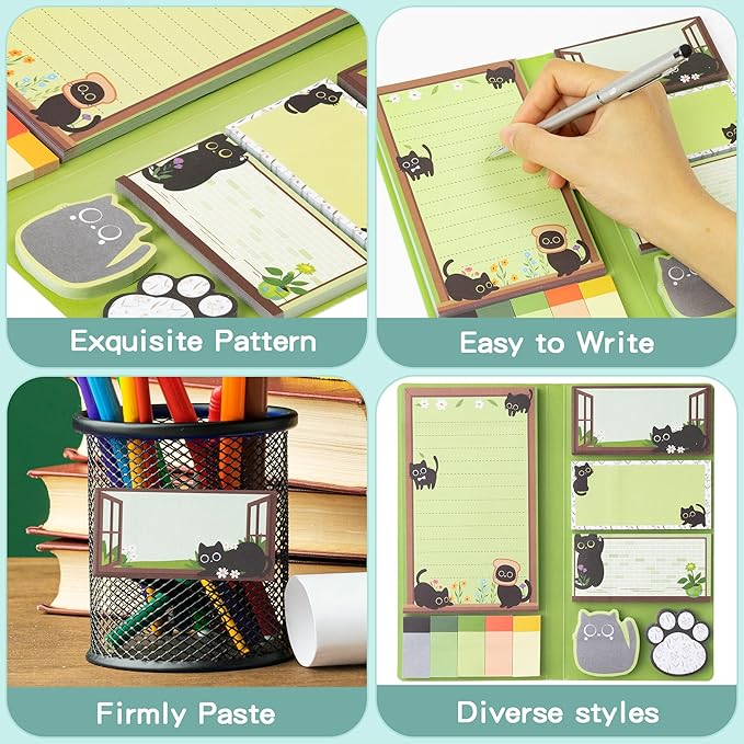 B1ykin Sticky Notes Set - Cartoon Theme Cute Self-Stick Notes Pad Teacher Appreciation Gifts, Self-Adhesive Writing Memo Pages Sticky to Do Notepad for Kids Employee School Office (Black Cat Floral)