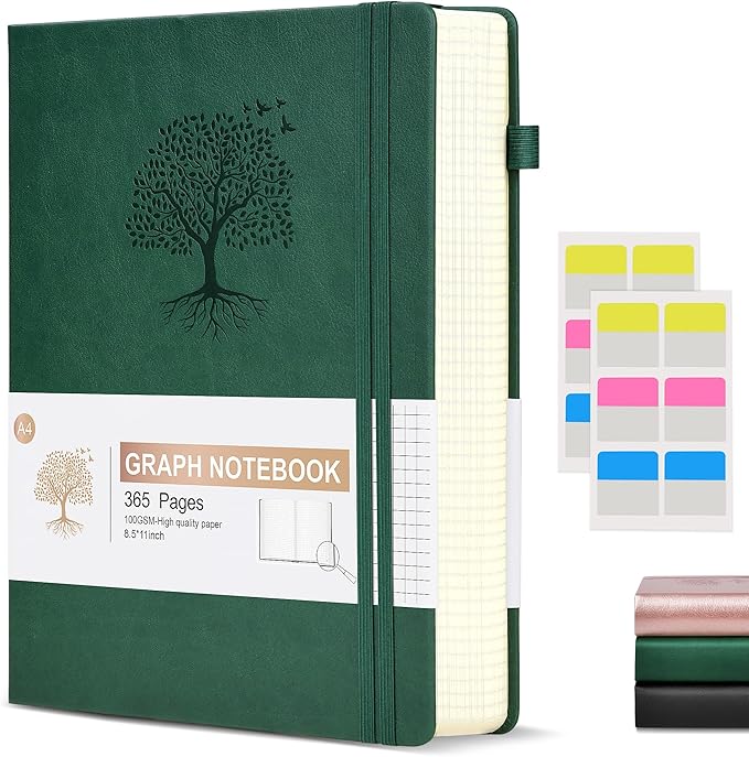 Graph Paper Notebook Journal, 360 Numbered Pages Grid Notebooks 8.5 x 11, Thick 100gsm Paper Graphing Notebook Journals for Women Men, A4 Large Hardcover Graph Leather Notebook Green