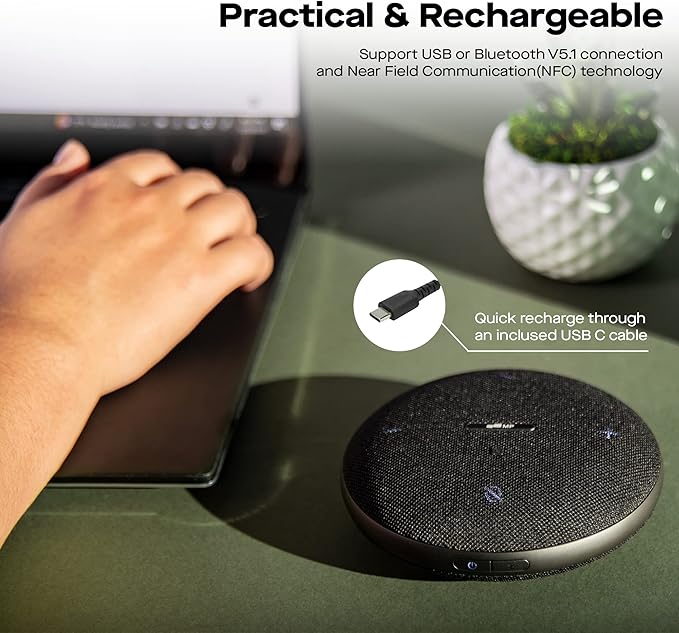 MP Mobile Pixels Bluetooth Conference Speakers with 4 Microphone, 13ft Omnidirectional Voice Pickup, USB-C Plug&Play,Noise Reduction, Compatible with Zoom/Teams/Skype/Google Meet
