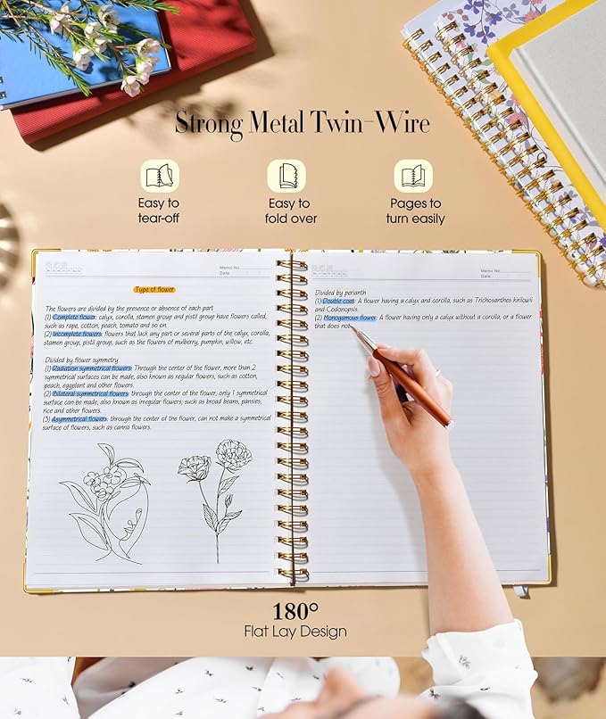 Cute Spiral Notebook Journal for Women, 200 Pages Lined Notebooks 8.5” x 11”, A4 Large Hardcover Spiral Journals with 100 GSM Thick Paper, College Ruled Notebook for Writing Work School, Wildflower Garden