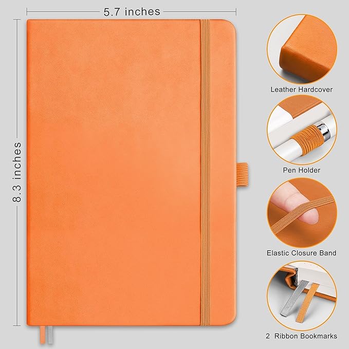 RETTACY Journaling Notebooks, A5 Lined Journal Notebook with 192 Numbered Pages, 5.7'' × 8.3'' Medium Size, for Writing, Work, Office, Leather Hardcover, 100 GSM Thick Paper (Orange)